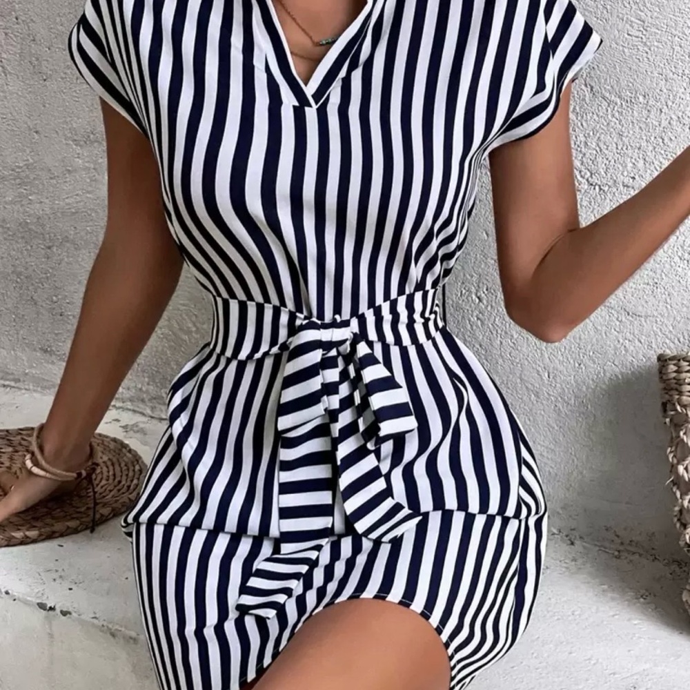 Bundle of 2 SHEIN Dresses Size L Navy Blue & Striped V-Neck Casual - Picture 2 of 6
